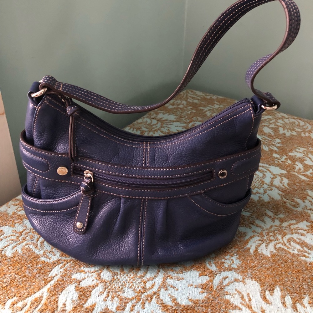 Tignanello Navy Blue Pebbled Leather Purse Handbag Satchel Hobo
